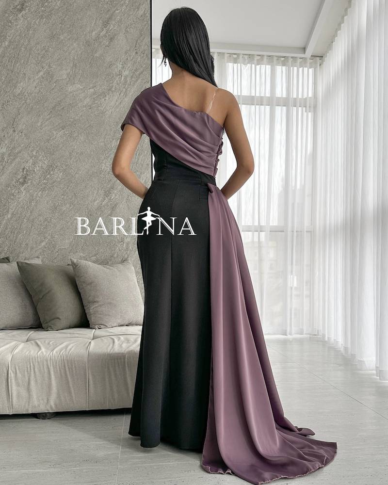 Black evening dress with shoulder and purple shawl