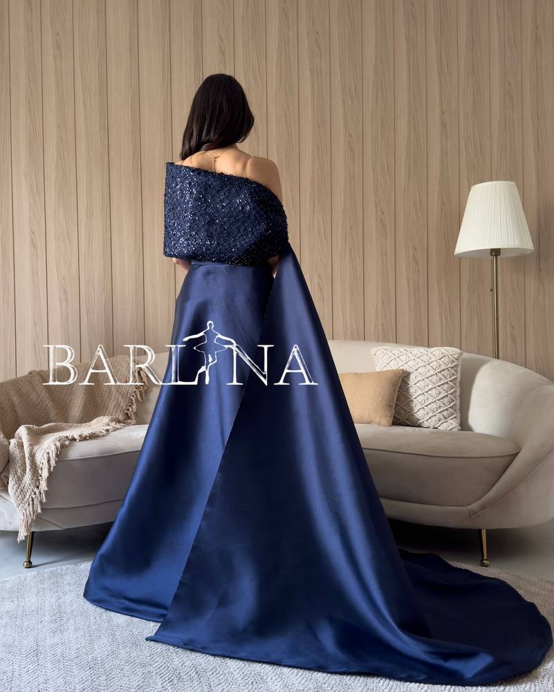 Wide shoulder navy blue dress