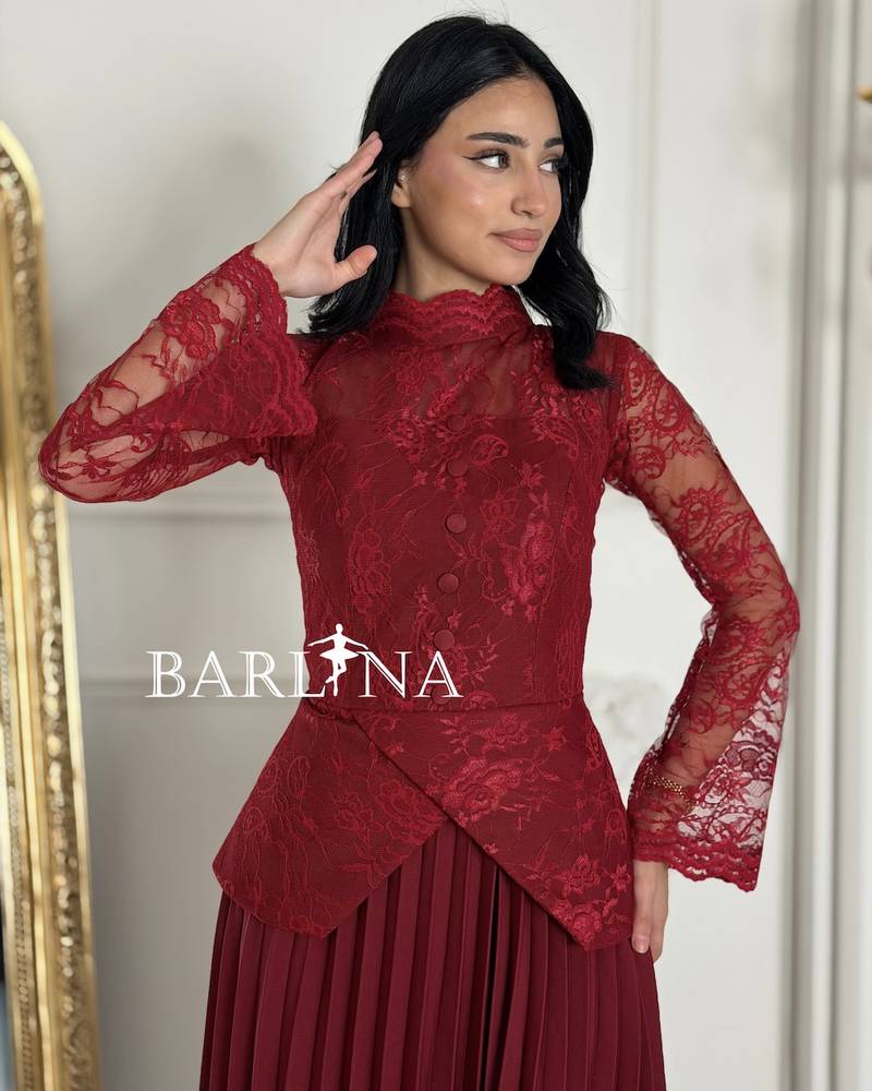Red lace and pleated dress with long sleeves