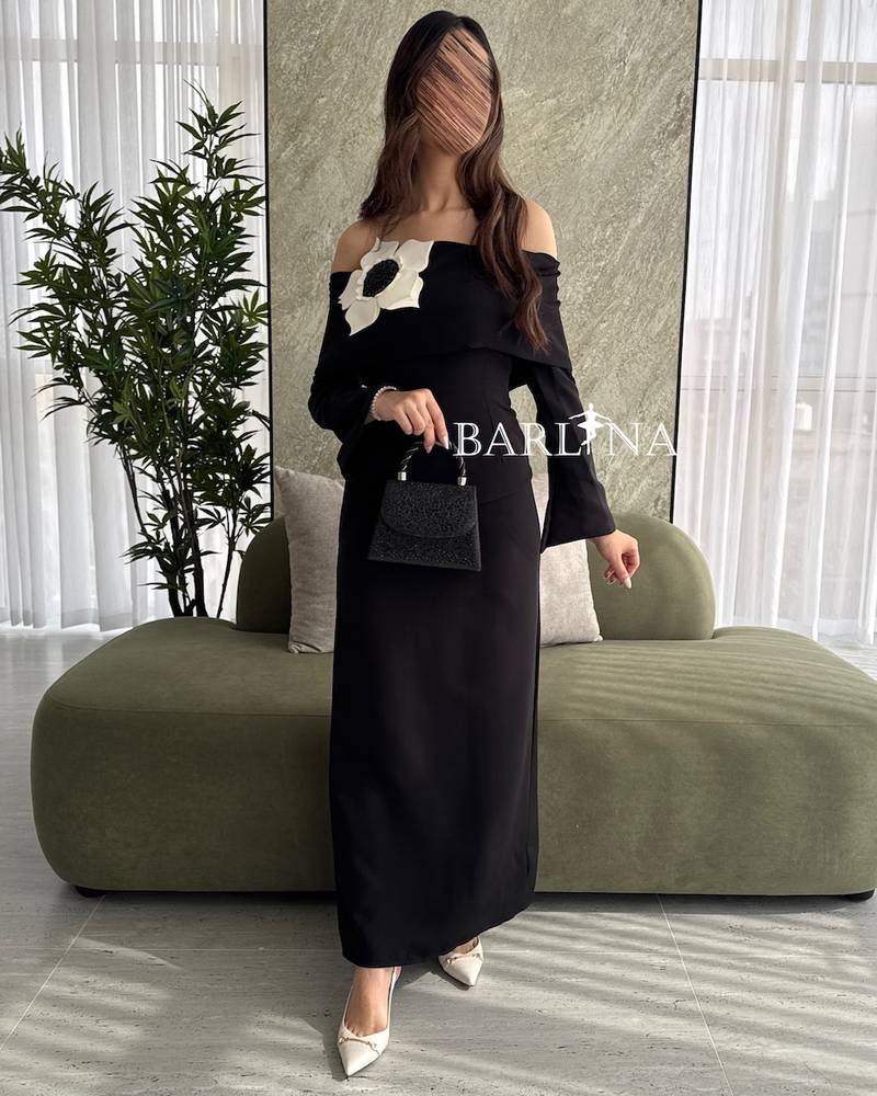 Black Off Shoulder Dress with Off White Flower