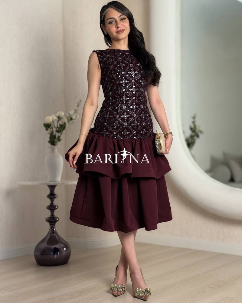 Burgundy embroidered dress with layered skirts