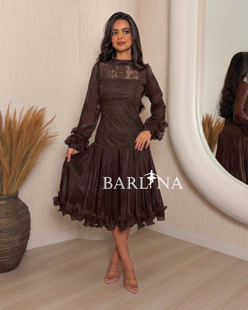 Soft short brown dress with a ruffled hem