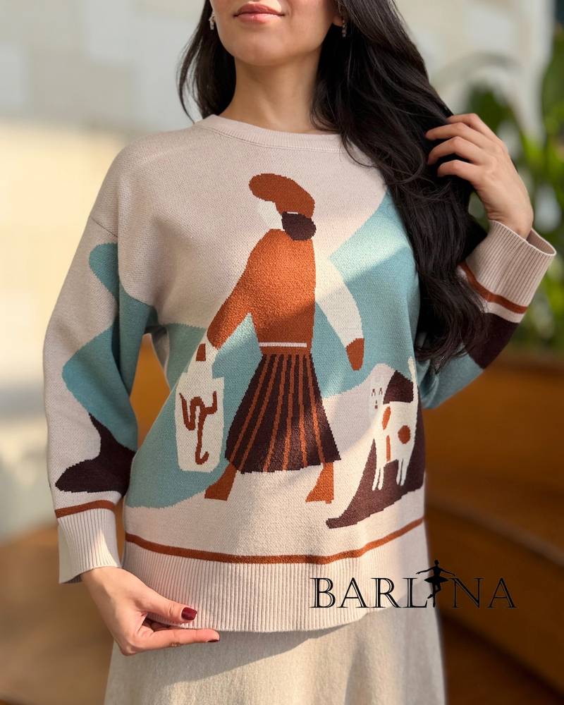 Beige knitted set with artistic designs