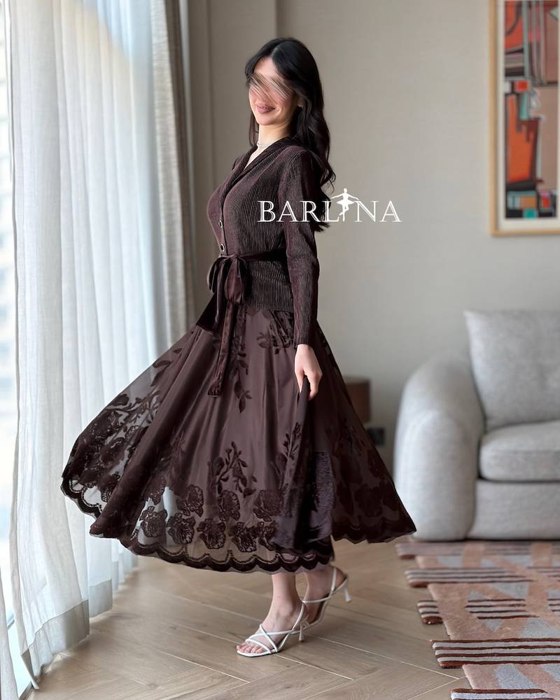 Dark brown blazer dress with a fabric belt