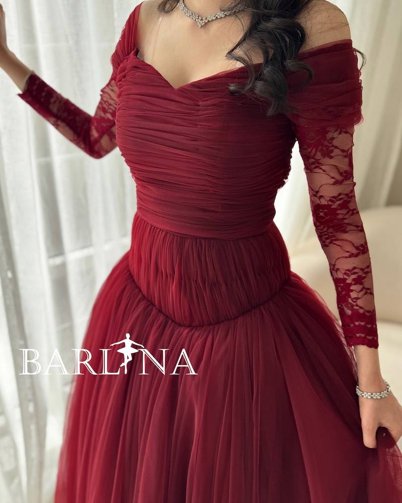Burgundy tulle dress with long lace sleeves