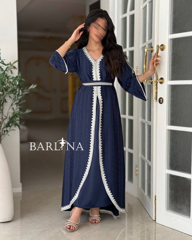 Elegant navy blue kaftan embroidered with delicate beads