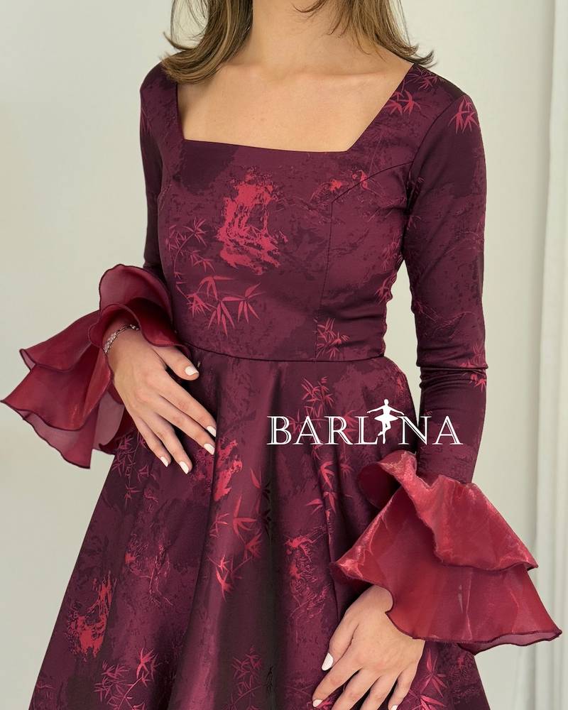 Burgundy floral dress with asymmetrical layers