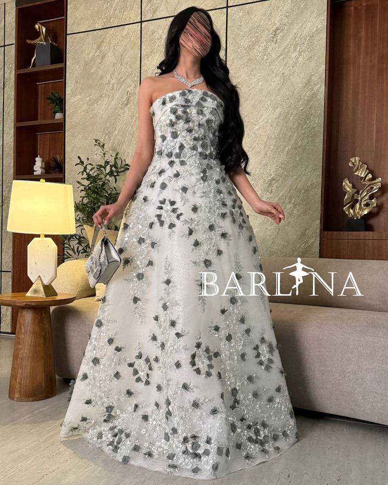 White evening dress with scattered gray flowers