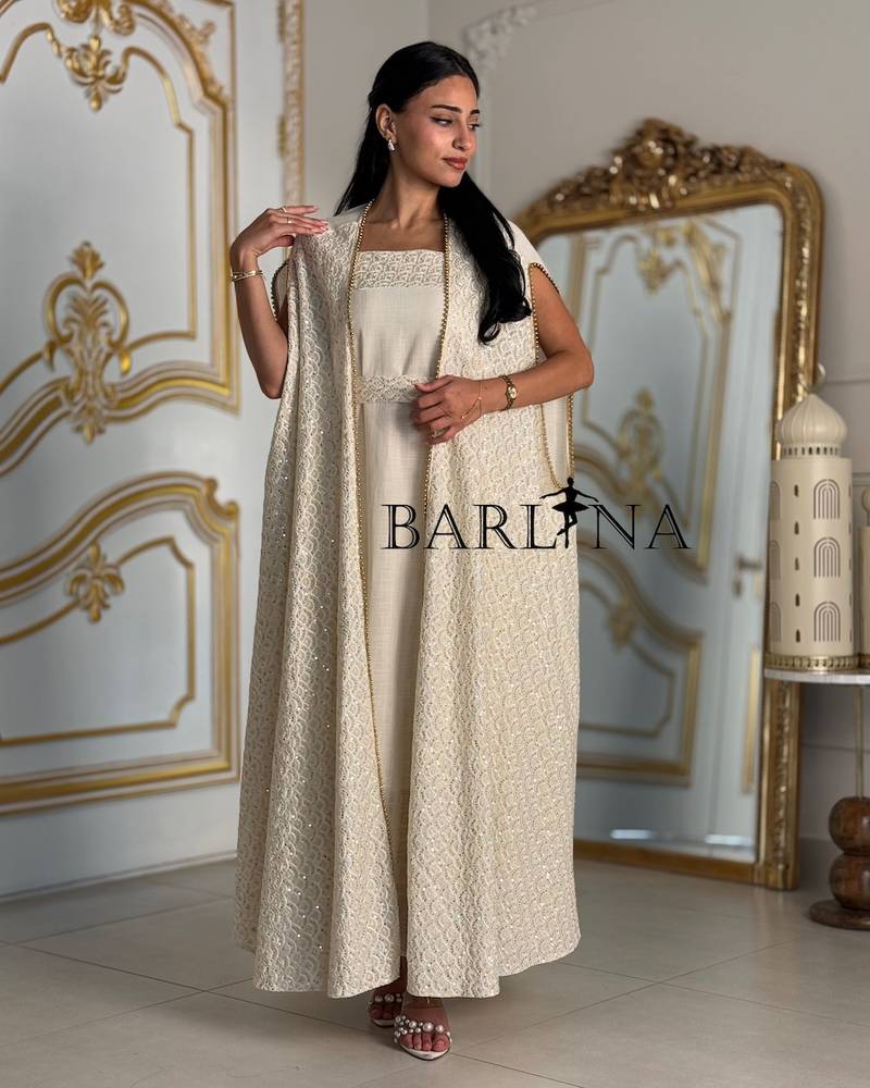 Off-white two-piece jalabiya embroidered with gold
