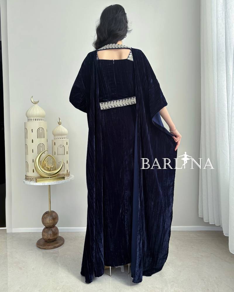 Navy blue velvet jalabiya with elegant embroidery
