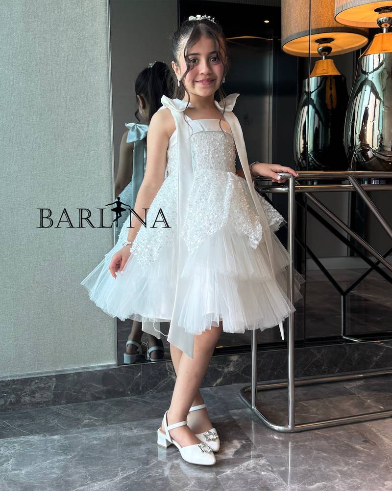 Girls' white dress with embroidered tulle layers
