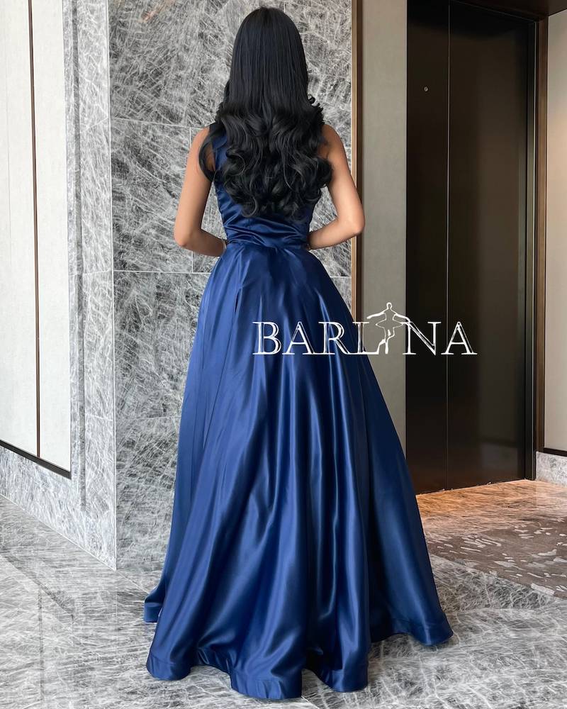 One Shoulder Navy Evening Dress with Elegant Beads