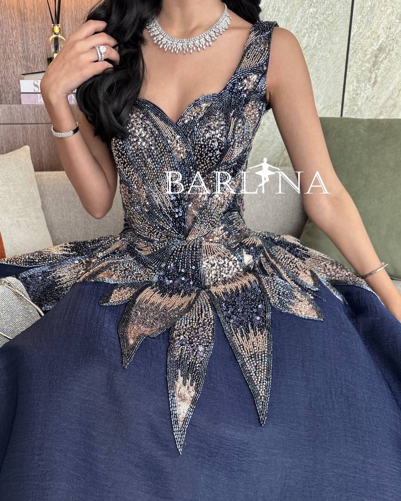 Navy blue evening dress with floral embroidery