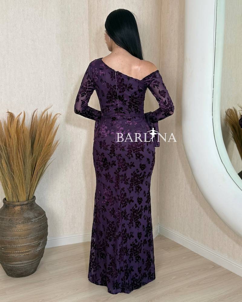 Purple dress with a velvet rose pattern
