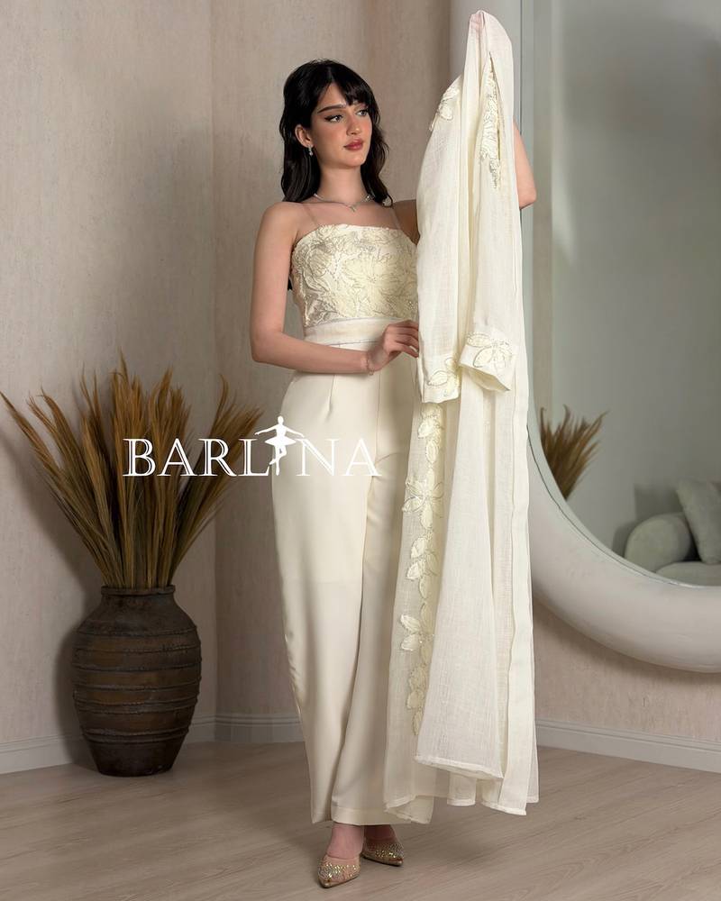White jumpsuit jalabiya with embroidered sheer skirt
