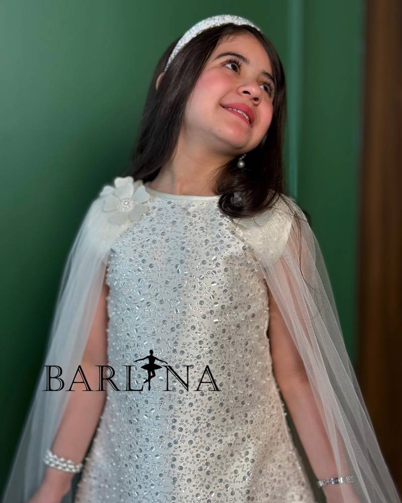 Girls' off-white dress embroidered with sequins and beads