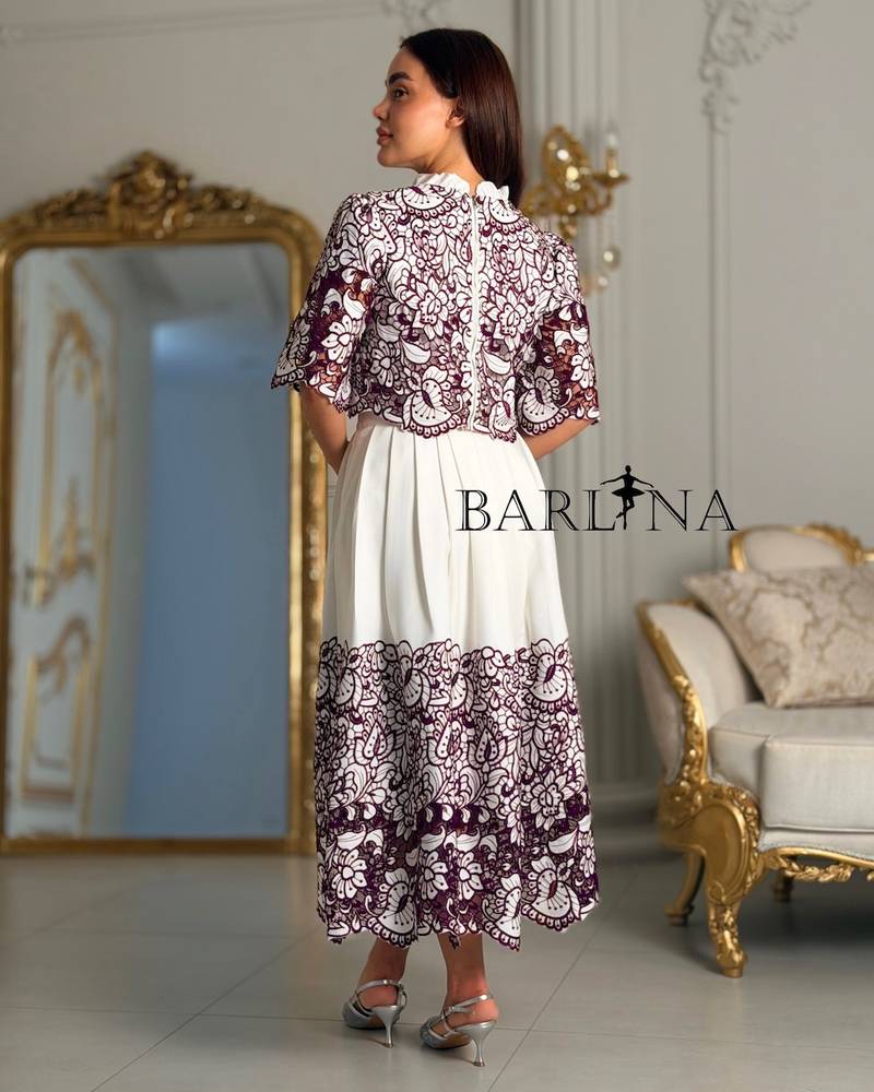 Off-white midi set with burgundy embroidery