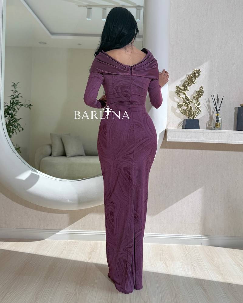 Purple dress with a wrap collar and long sleeves