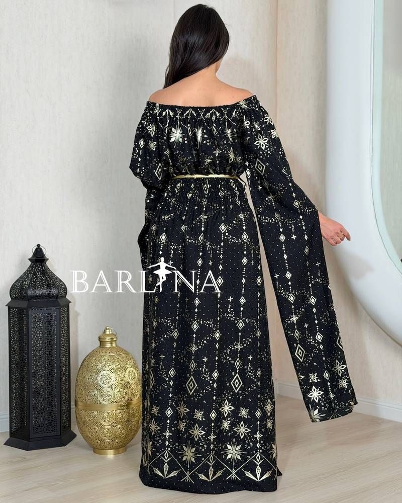 Jalabiya with gold patterns and an off-shoulder collar