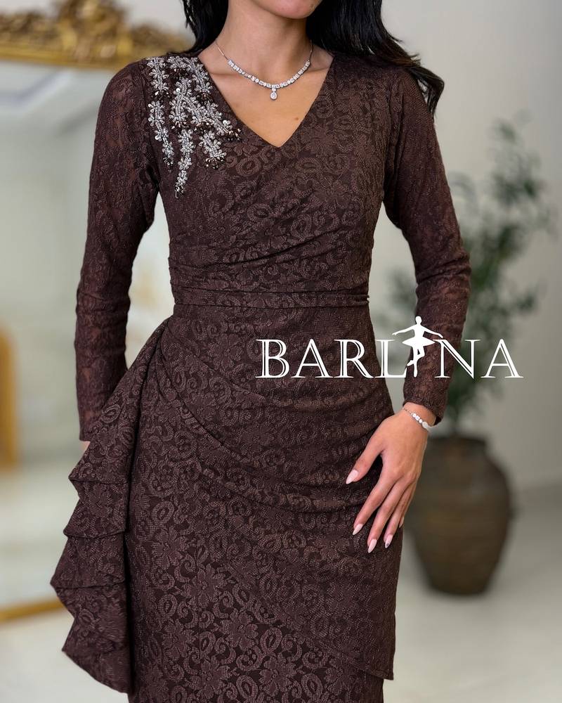 Brown lace draped dress with shoulder embellishment