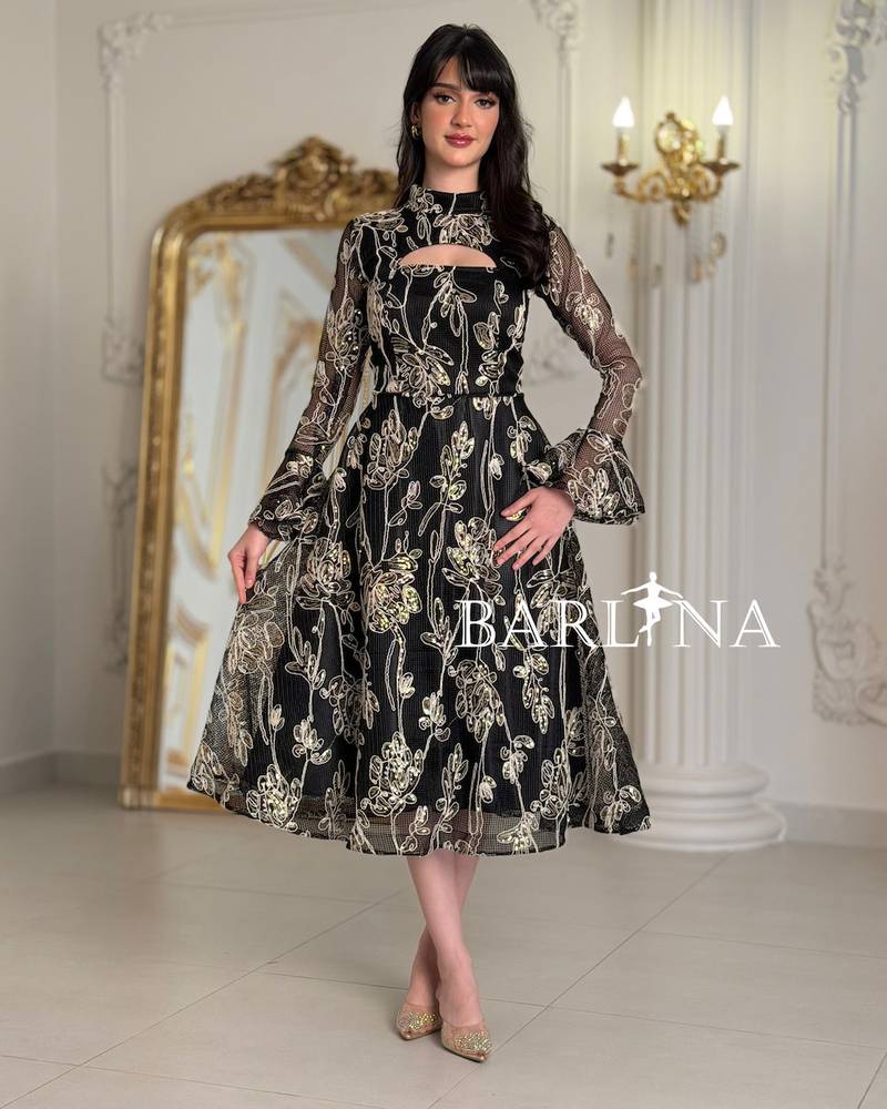 midi dress with luxurious gold embroidery