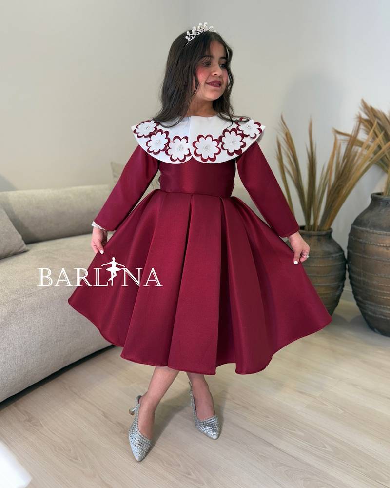 burgundy girls' dress with a white floral collar