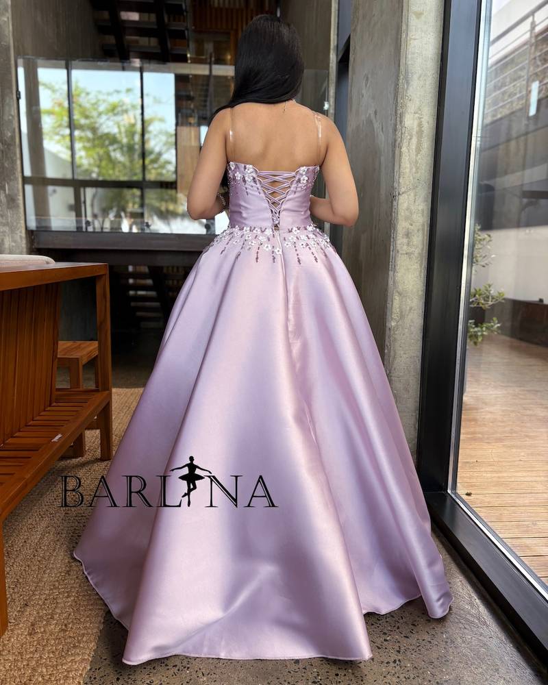 Purple evening dress with small white flowers
