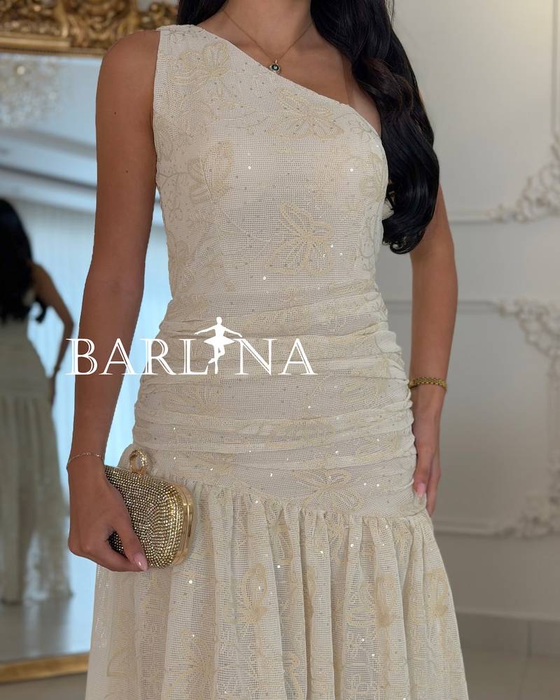 Off-white high-low embroidered one-shoulder dress