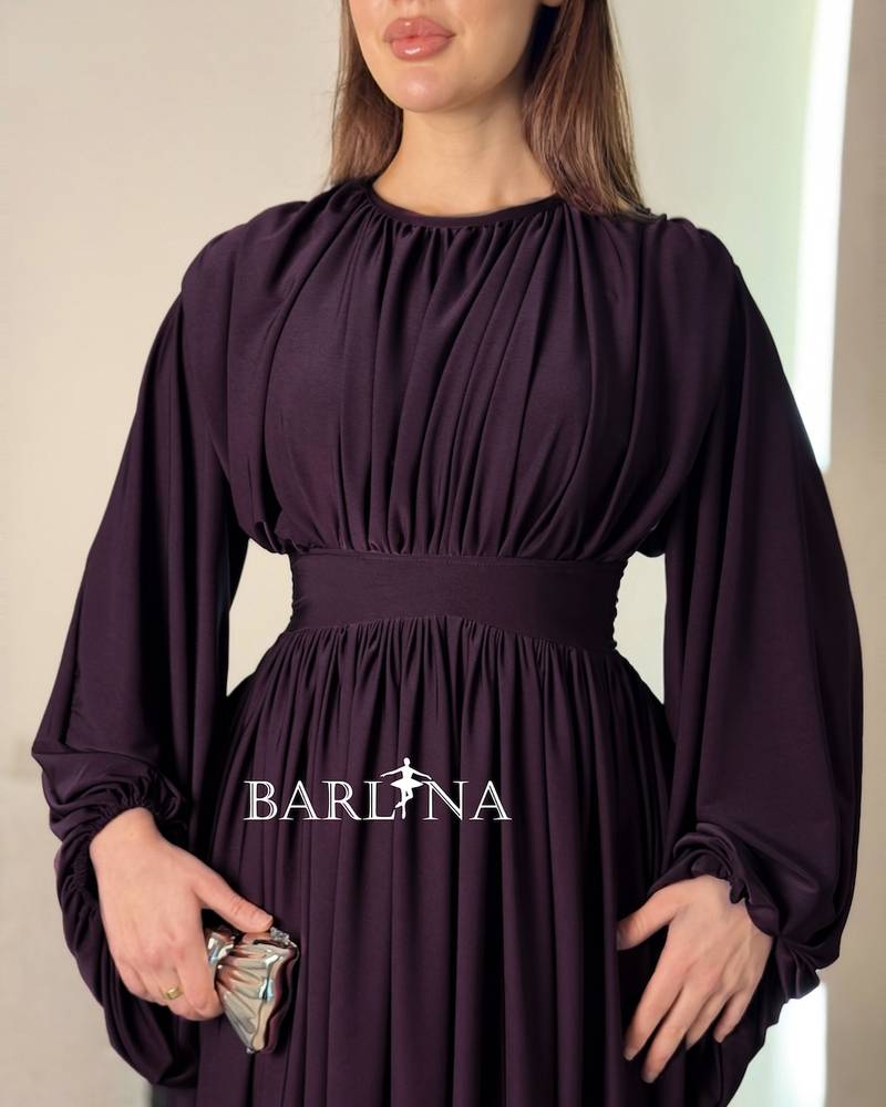 Dark purple ruched dress with wide sleeves