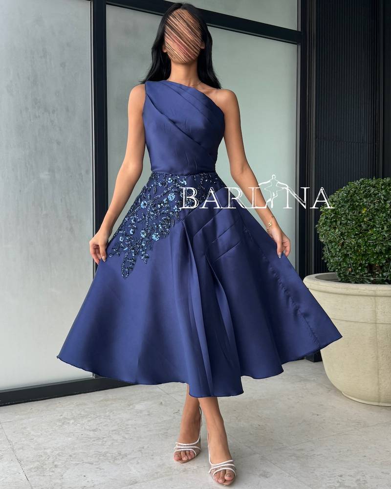 Elegant navy blue dress with one shoulder design