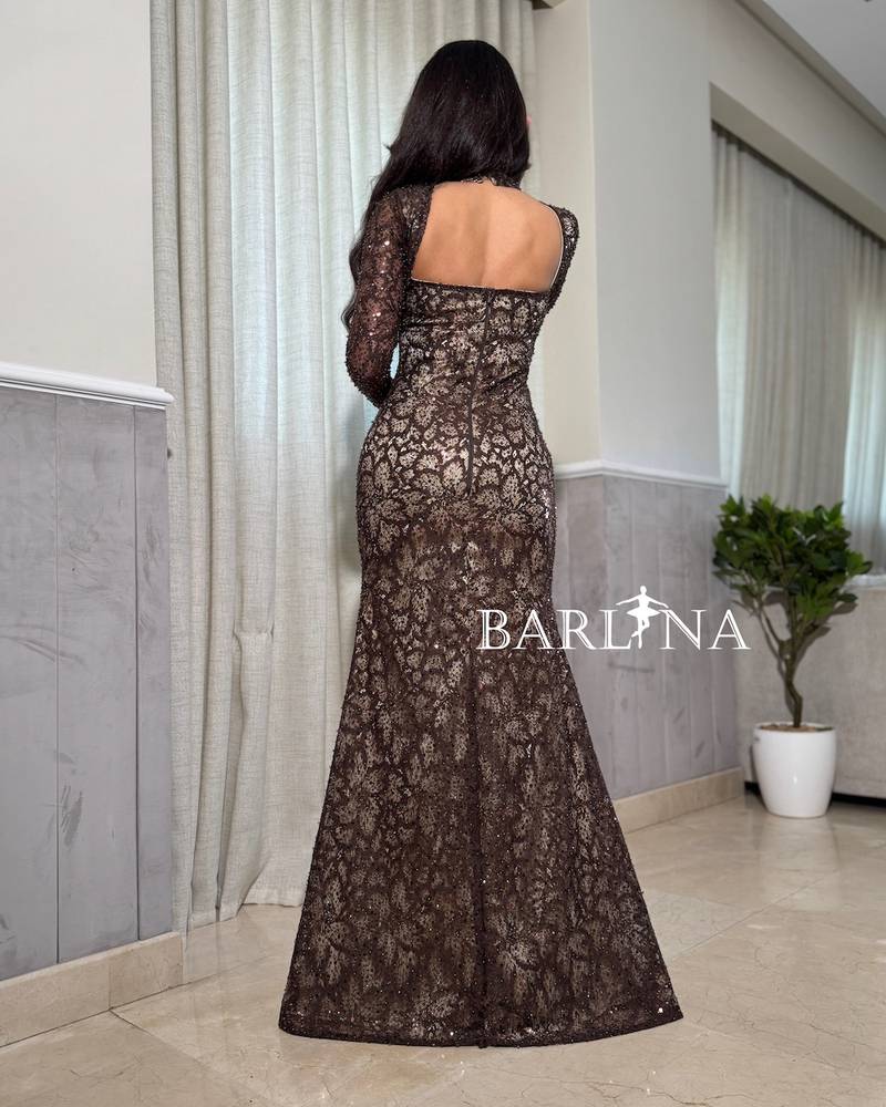Luxurious brown dress with an elegant open back