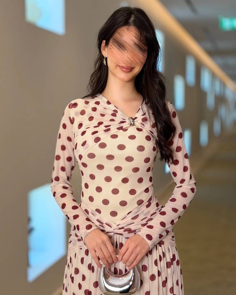 Long polka dot dress with sheer sleeves