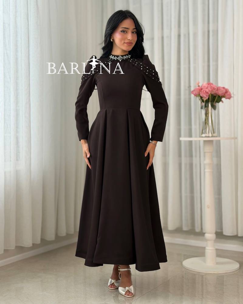 Long brown dress with shimmering details at the collar