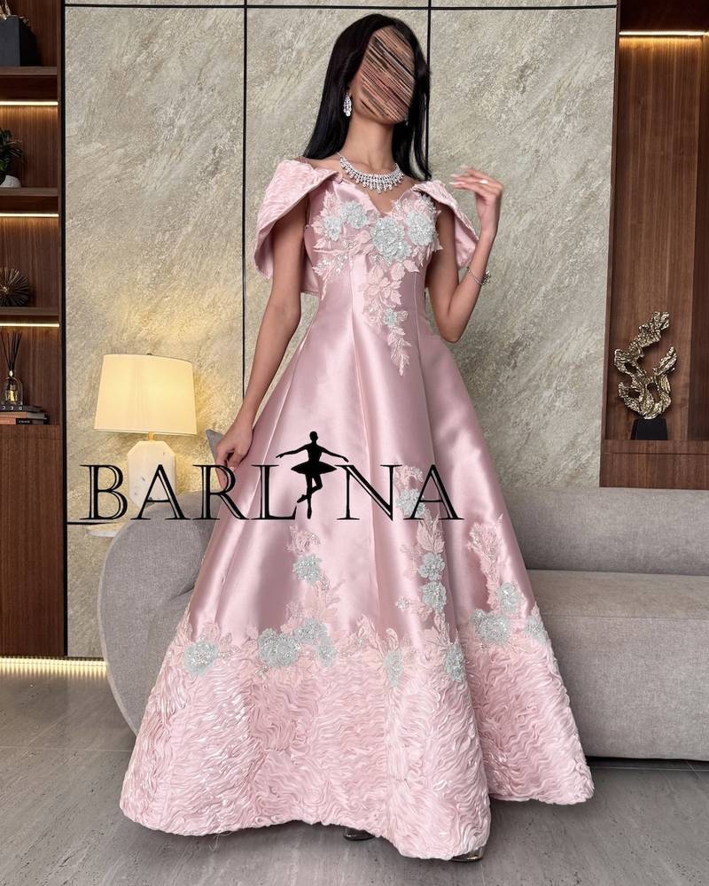 Pink off-shoulder dress with silver embroidery
