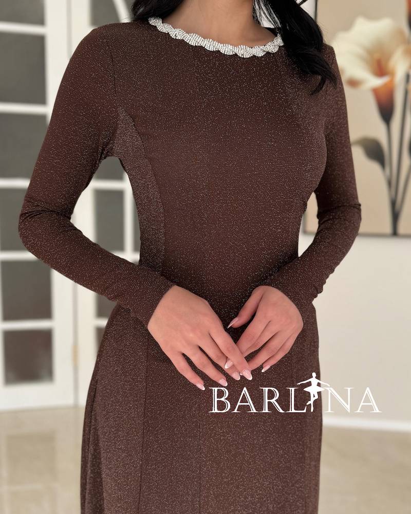 Long, shiny brown dress with a soft and flowing design