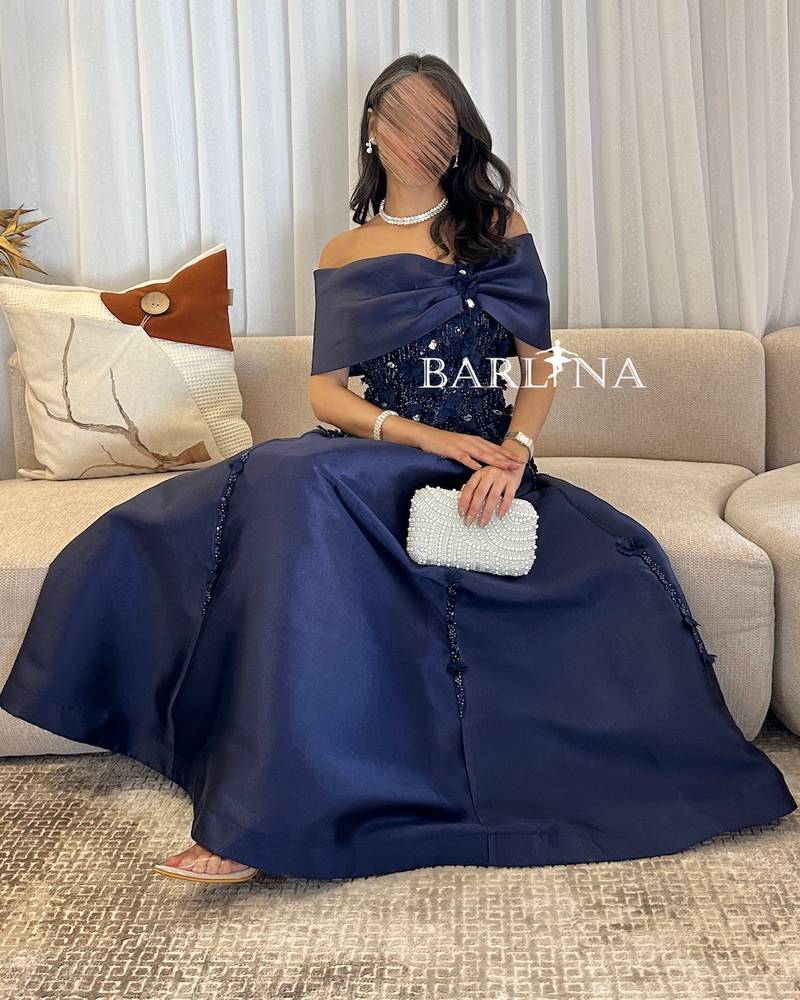 Mikado Off Shoulder Navy blue Midi Dress