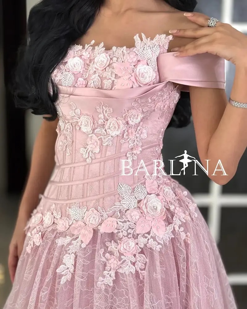 Pink lace evening dress with rose embroidery