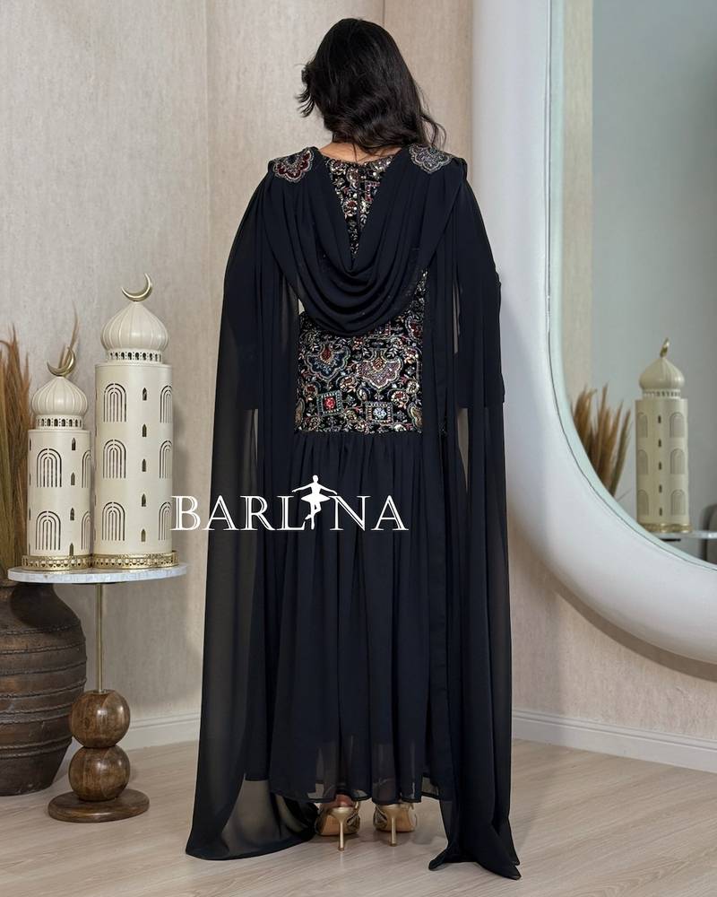 Elegant georgette jalabiya with a draped shawl