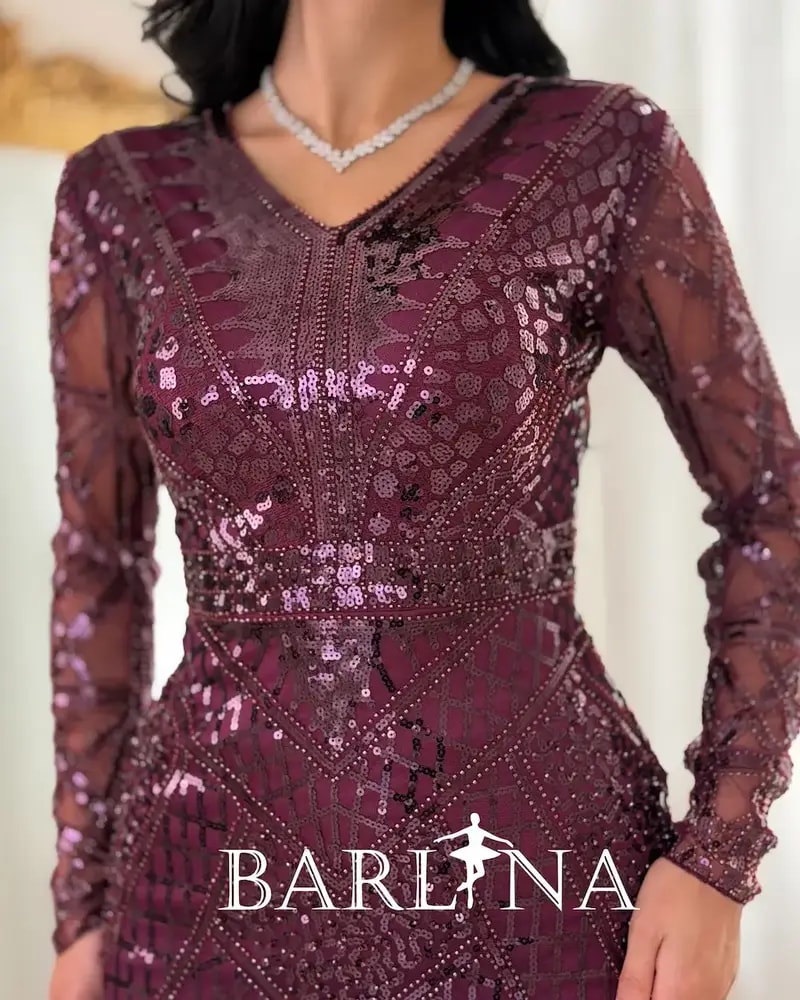 burgundy fitted evening dress with embroidery