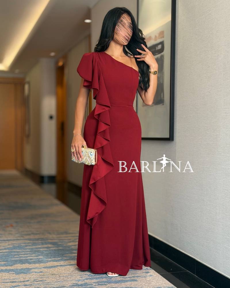 Burgundy one-shoulder dress with side ruffles