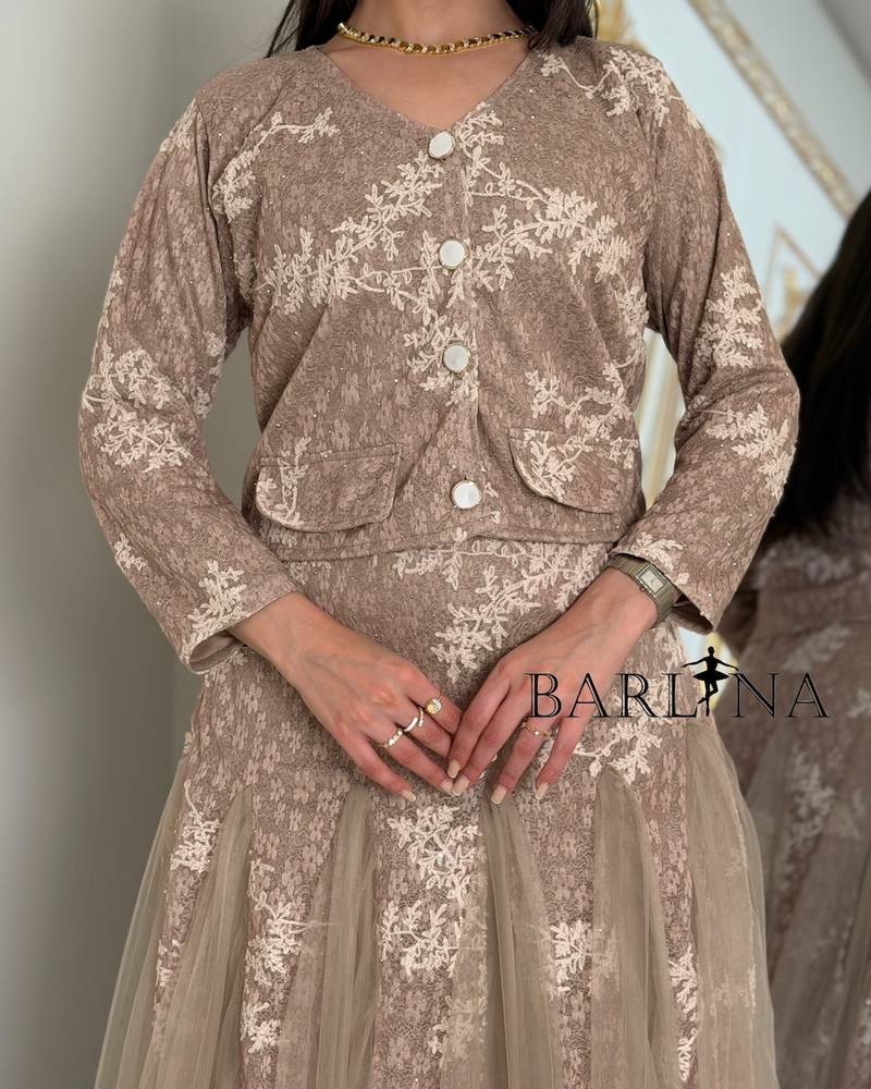 Brown floral dress with a jacket made of lace and tulle