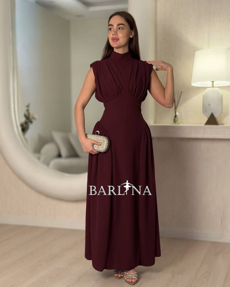 Burgundy fitted dress with a high neck