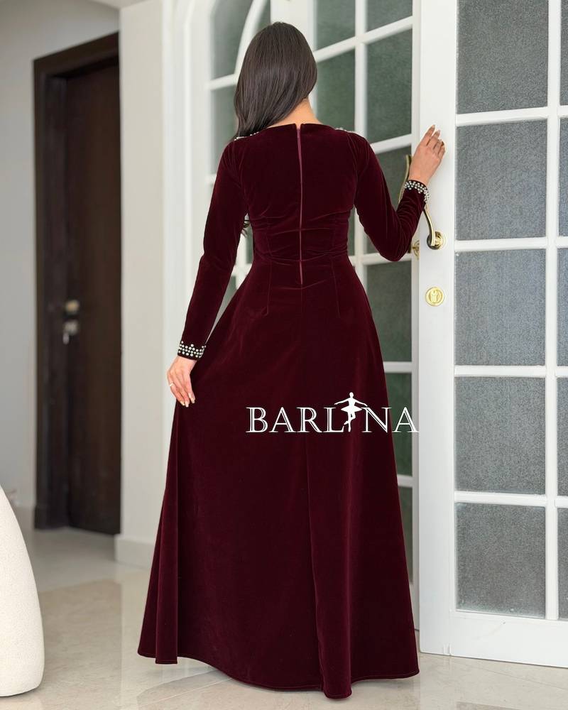 Burgundy velvet dress with an embroidered neckline