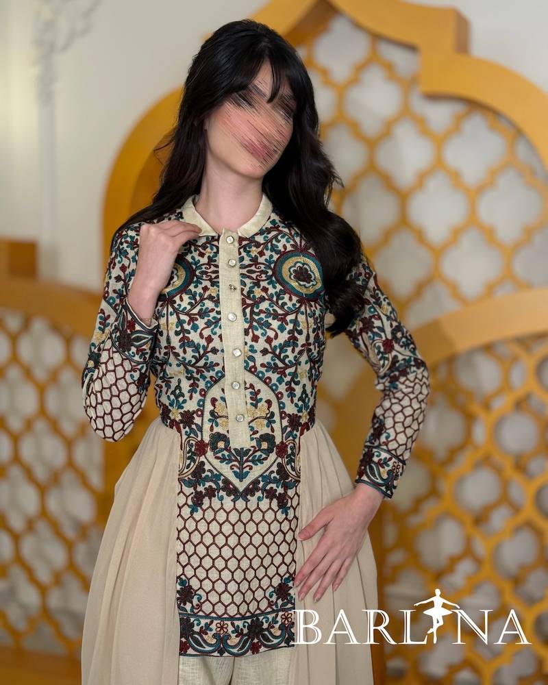 Fusion tunic jalabiya embroidered in beige