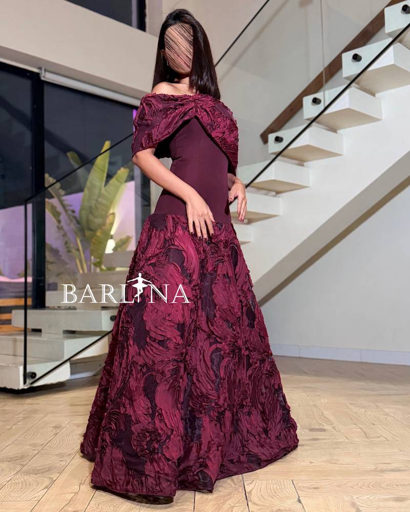 Burgundy dress with prominent embroidery and off-the-shoulder