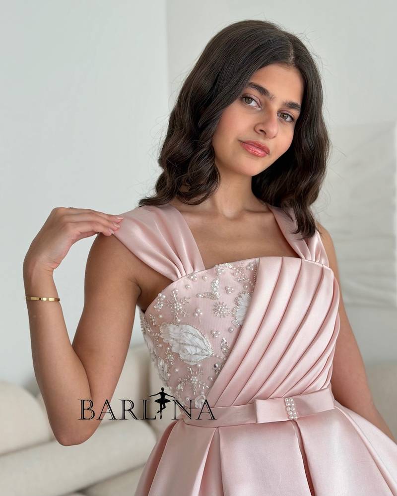 Pink high-low dress with pleats at the chest