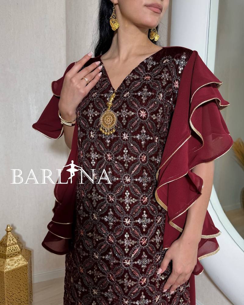 Burgundy jalabiya with a straight cut and ruffled sleeves