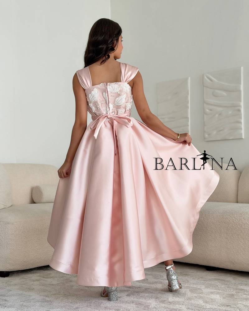 Pink high-low dress with pleats at the chest
