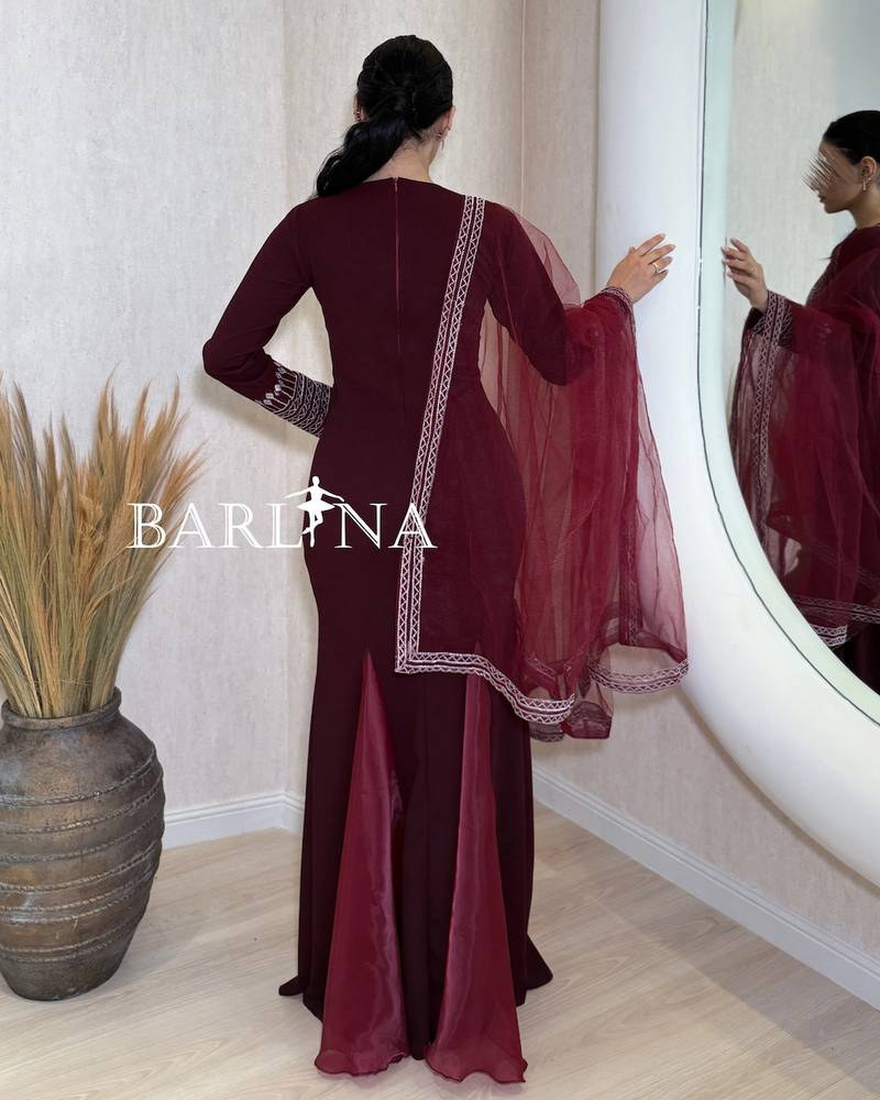 Burgundy jalabiya with silver embroidery and shawl