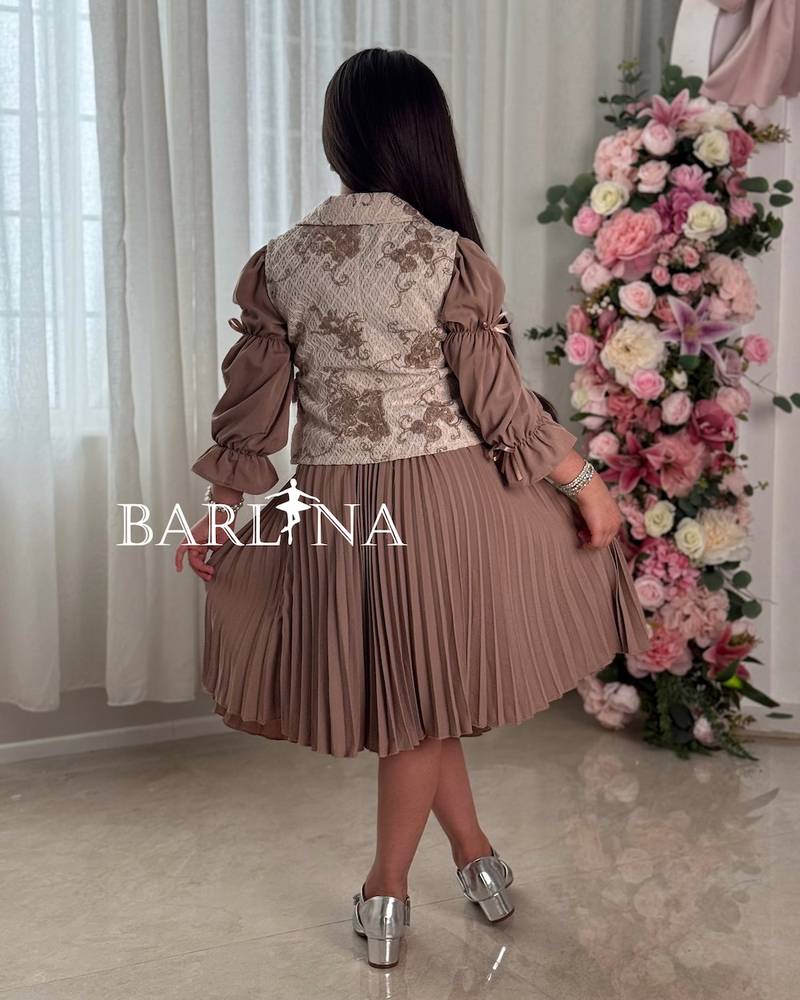 Brown two-piece girl's dress with a patterned jacket